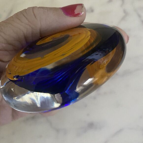 Egermann Czech Paper Weight Hand Blown Crystal Magic Stone Blue & Yellow - Picture 6 of 6